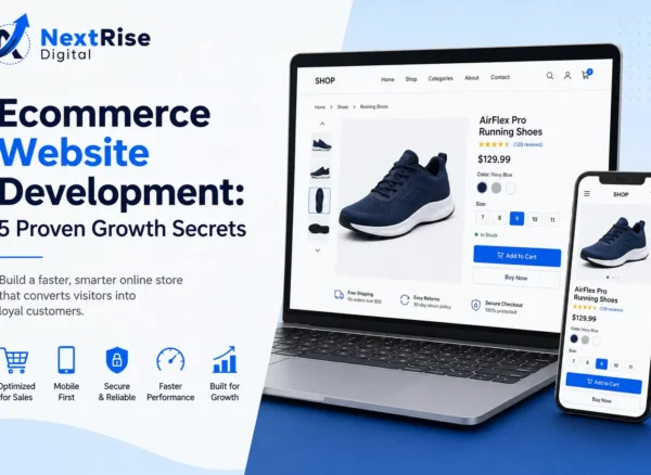 Ecommerce website development product page shown on desktop and mobile Ecommerce website development product page shown on desktop and mobile