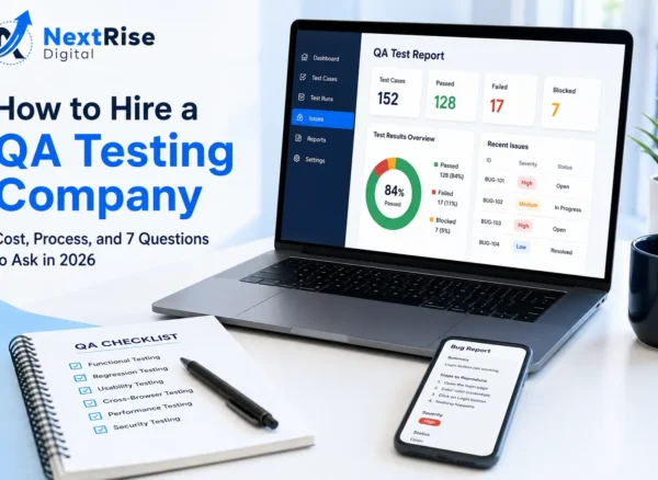 Hire a QA Testing Company for reliable software testing, featuring a QA test report dashboard, testing checklist, and bug tracking on a laptop Hire a QA Testing Company for reliable software testing, featuring a QA test report dashboard, testing checklist, and bug tracking on a laptop