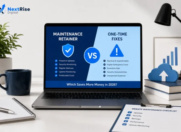 Website maintenance retainer compared with one-time fixes, highlighting proactive updates, security monitoring, backups, uptime monitoring, and predictable costs. Website maintenance retainer compared with one-time fixes, highlighting proactive updates, security monitoring, backups, uptime monitoring, and predictable costs.
