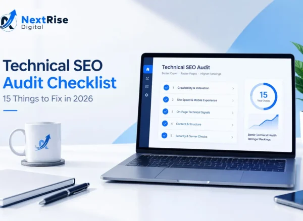 Technical SEO audit checklist featuring a laptop dashboard with 15 technical SEO checks covering crawlability, site speed, mobile experience, on-page signals, content structure, and security. Technical SEO audit checklist featuring a laptop dashboard with 15 technical SEO checks covering crawlability, site speed, mobile experience, on-page signals, content structure, and security.