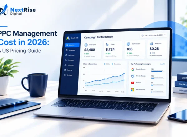 PPC management cost guide showing a digital advertising analytics dashboard with ad spend, clicks, conversions, and campaign performance metrics on a laptop. PPC management cost guide showing a digital advertising analytics dashboard with ad spend, clicks, conversions, and campaign performance metrics on a laptop.