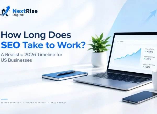 How long does SEO take for US businesses, illustrated with a laptop showing rising organic traffic, keyword rankings, and SEO growth metrics How long does SEO take for US businesses, illustrated with a laptop showing rising organic traffic, keyword rankings, and SEO growth metrics