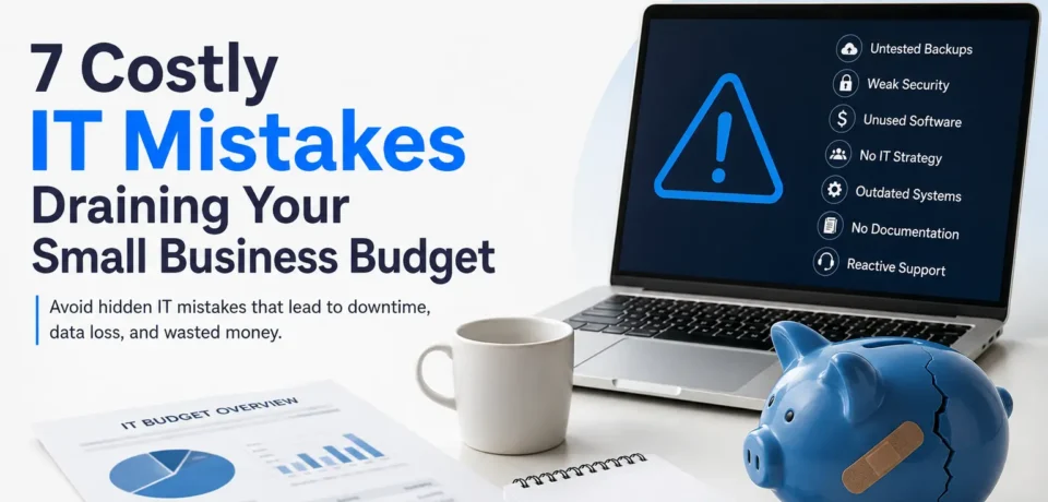 7 IT mistakes small businesses make that drain budgets, including untested backups, weak security, unused software, outdated systems, and reactive IT support