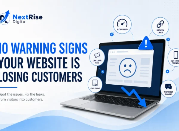 Signs your website is losing customers shown on a laptop with website performance, mobile usability, broken links, and conversion warning indicators Signs your website is losing customers shown on a laptop with website performance, mobile usability, broken links, and conversion warning indicators