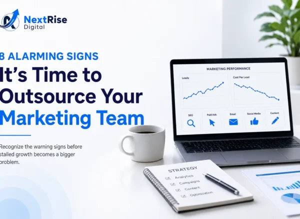 Featured image illustrating signs it's time to outsource your marketing, with a marketing performance dashboard showing lead growth, cost-per-lead trends, SEO, paid ads, email, social media, and content. Featured image illustrating signs it's time to outsource your marketing, with a marketing performance dashboard showing lead growth, cost-per-lead trends, SEO, paid ads, email, social media, and content.