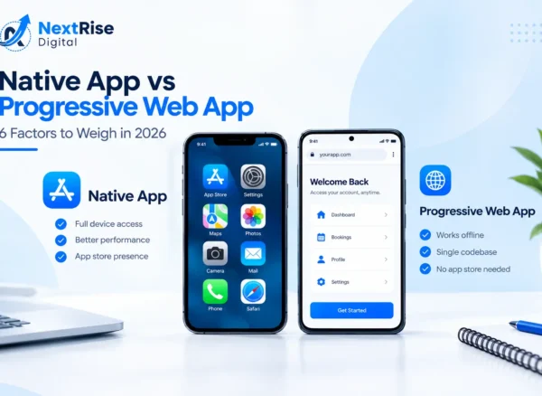 Native app vs progressive web app comparison featuring two smartphones, highlighting native app performance and device access alongside PWA offline functionality and single-codebase benefits. Native app vs progressive web app comparison featuring two smartphones, highlighting native app performance and device access alongside PWA offline functionality and single-codebase benefits.