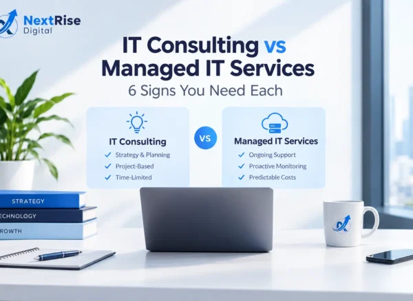 IT consulting vs managed IT services comparison showing strategy and planning versus ongoing IT support and proactive monitoring IT consulting vs managed IT services comparison showing strategy and planning versus ongoing IT support and proactive monitoring