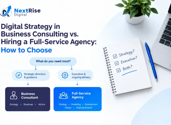 Digital strategy consulting vs agency comparison showing business consulting strategy and full-service agency execution paths Digital strategy consulting vs agency comparison showing business consulting strategy and full-service agency execution paths