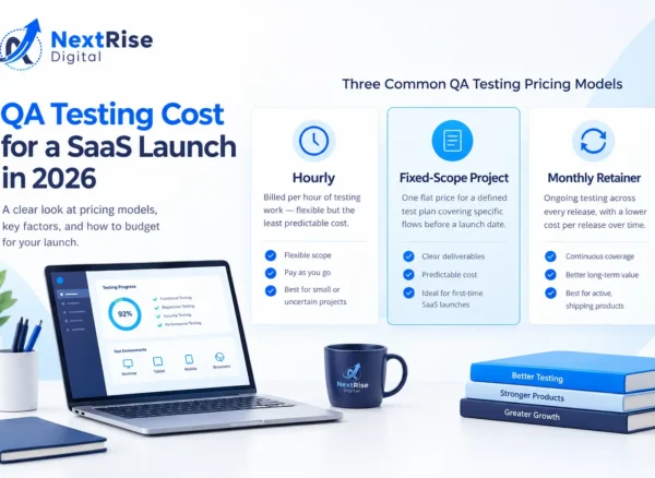 QA testing cost for a SaaS launch in 2026, showing hourly, fixed-scope, and monthly retainer pricing models with a software testing workspace. QA testing cost for a SaaS launch in 2026, showing hourly, fixed-scope, and monthly retainer pricing models with a software testing workspace.