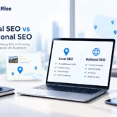 Local SEO vs national SEO comparison showing Google Business Profile, location pages, local reviews, domain authority, backlinks, and national brand visibility Local SEO vs national SEO comparison showing Google Business Profile, location pages, local reviews, domain authority, backlinks, and national brand visibility