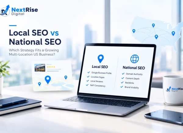 Local SEO vs national SEO comparison showing Google Business Profile, location pages, local reviews, domain authority, backlinks, and national brand visibility Local SEO vs national SEO comparison showing Google Business Profile, location pages, local reviews, domain authority, backlinks, and national brand visibility