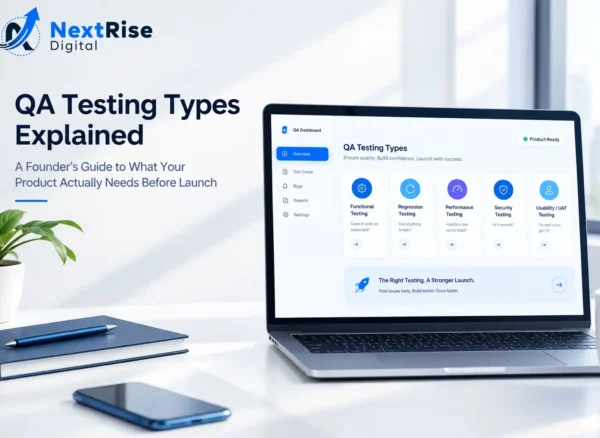 Types of QA testing explained with a QA dashboard showing functional, regression, performance, security, and usability testing Types of QA testing explained with a QA dashboard showing functional, regression, performance, security, and usability testing